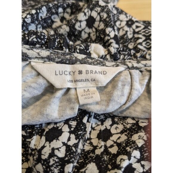 Lucky Brand Womens M Top Black White Ditsy Floral Print Long Sleeve Ruffle Neck - Picture 5 of 5